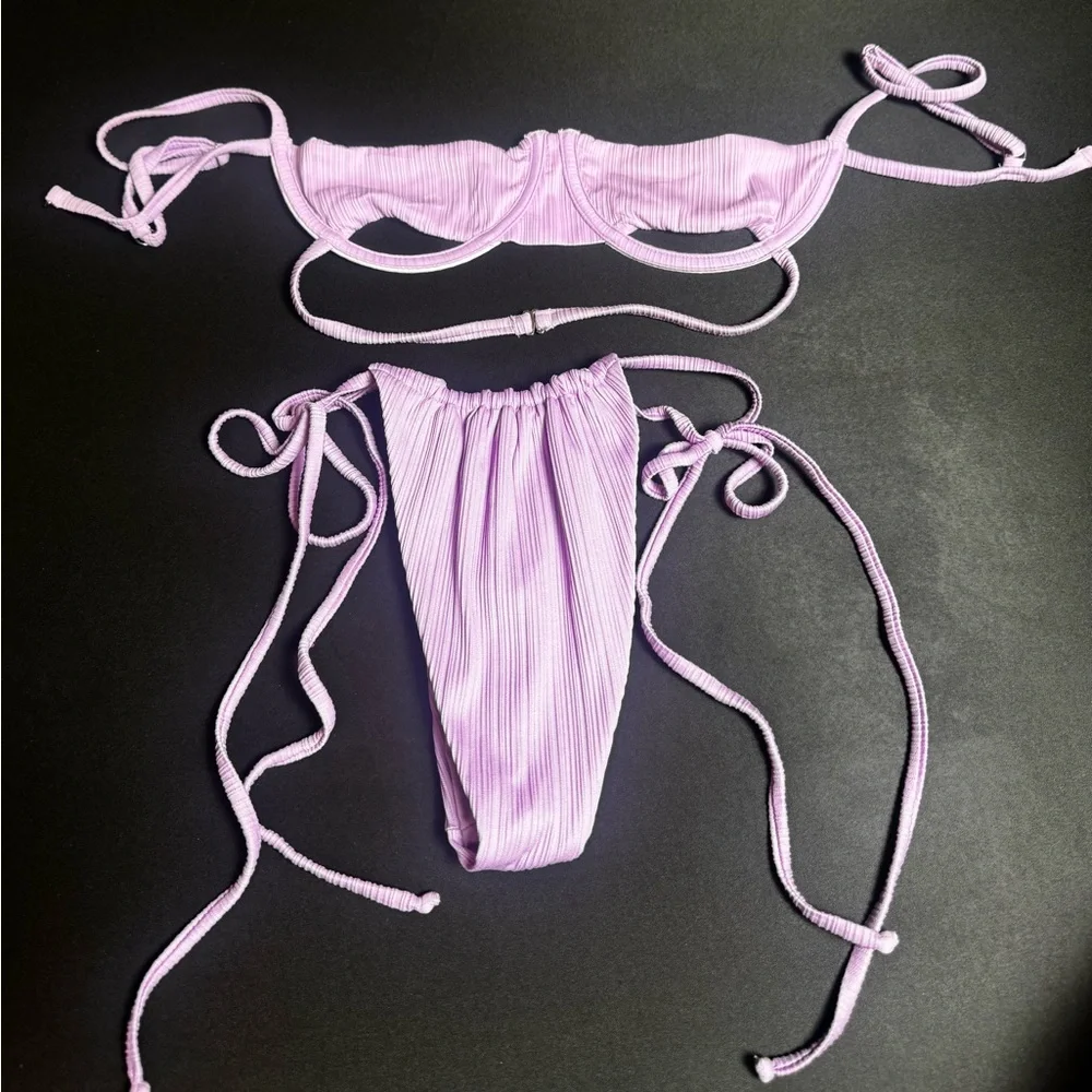 Frankie’s Lilac Ribbed Tie-Side Bikini Set Small Top and Medium Bottom